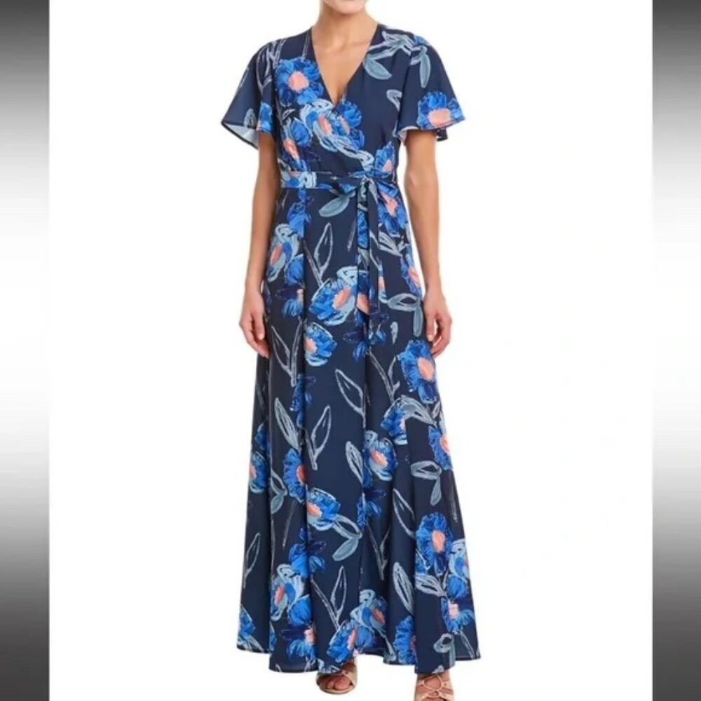 Anthropologie Navy Floral Maxi Dress with Blue and Coral Accents